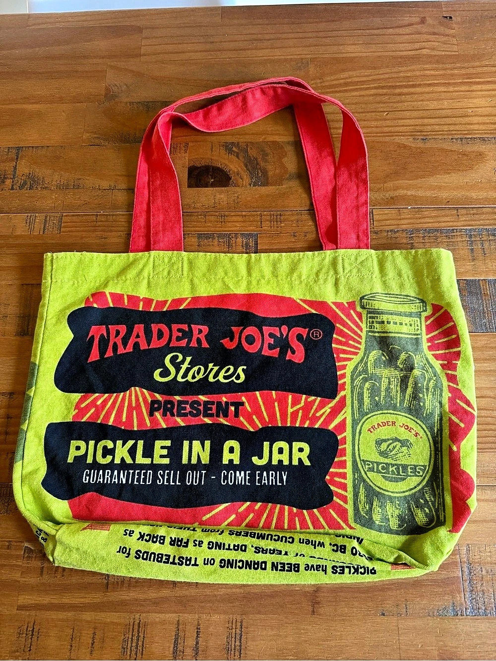 Trader Joe's Pickle-Themed Reusable Tote Bag in Green & Red